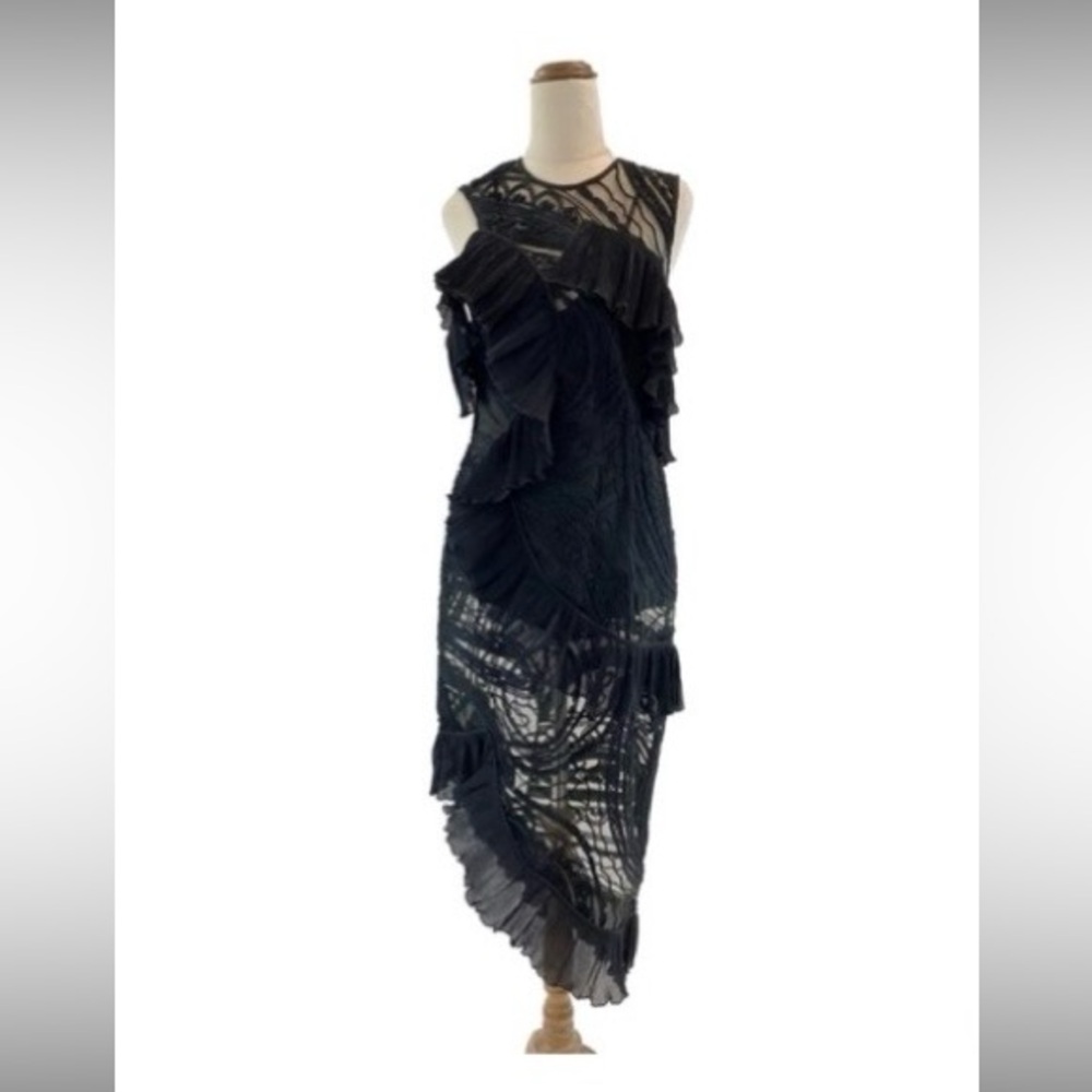 Alice McCall Black Asymmetrical Embroidered Ruffle Dress